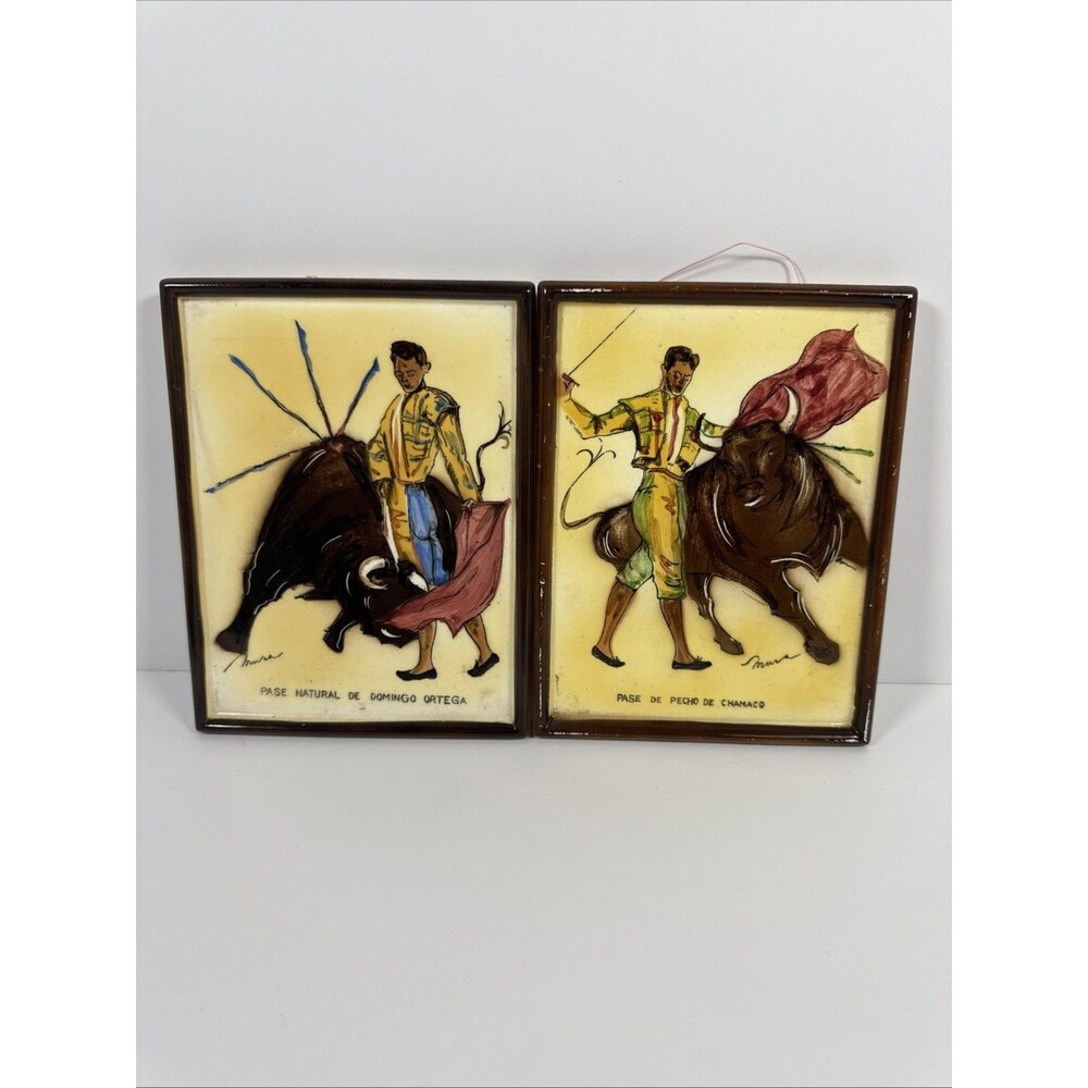 2x HAND PAINTED TILE BULLFIGHT MATADOR VINTAGE - Japan